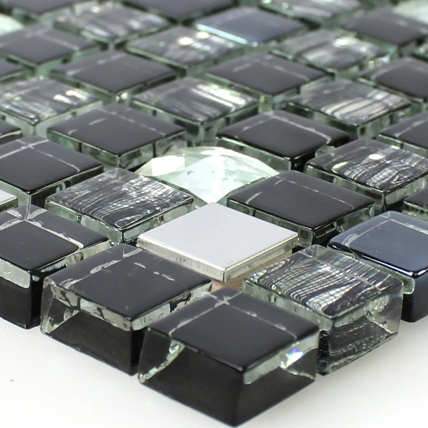 Glas Edelstahl Mosaikfliesen Malaya Schwarz Quadrat 15