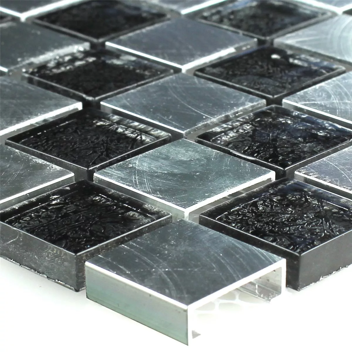 Glas Metall Aluminium Mosaikfliesen Bonanza Schachbrett Schwarz Silber